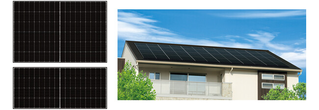 左上：住宅用太陽電池モジュール＜NU-435PP＞、左下：住宅用太陽電池モジュール＜NU-287PP＞、右：設置イメージ