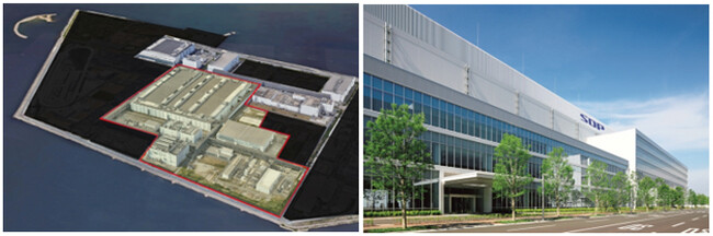 【左】シャープ堺工場内のデータセンター設置予定エリア（赤枠） 【右】データセンター設置予定エリア内の液晶パネル工場外観