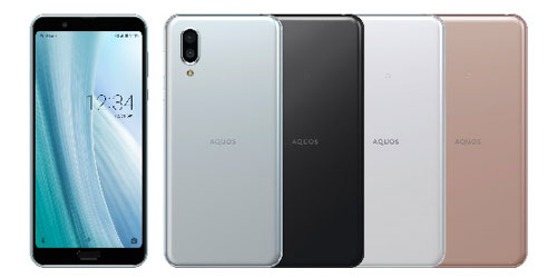 「AQUOS sense3 plus」● 左から、ムーンブルー、ブラック、ホワイト、ピンク(ソフトバンク限定カラー)