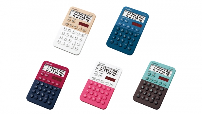 ミニミニナイスサイズ電卓　＜EL-760R＞ (左上からホワイト系、ブルー系、レッド系、ピンク系、グリーン系) ●画面はハメコミ合成です。実際の表示とは異なります。