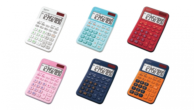 ミニナイスサイズ電卓　＜EL-M335＞ (左上からホワイト系、ブルー系、レッド系、ピンク系、ネイビー系、オレンジ系) ●画面はハメコミ合成です。実際の表示とは異なります。