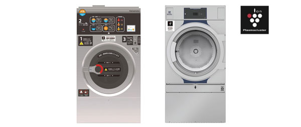 プラズマクラスターイオン発生ユニットを搭載した業務用洗濯乾燥機（左）と業務用乾燥機 ※ 左：山本製作所製、　右：エレクトロラックス・プロフェッショナル・ジャパン製