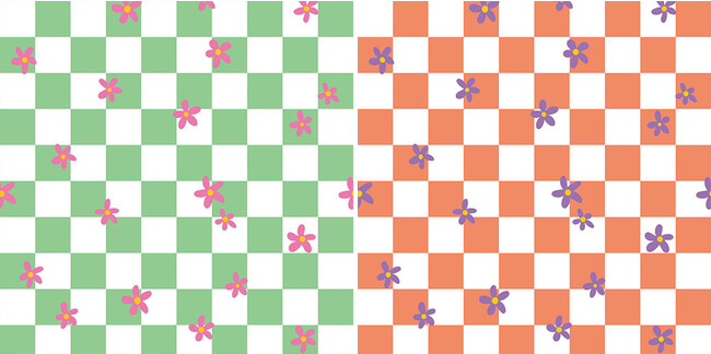 What’s poppin？ フラワーチェッカーボード 画像左：グリーン×ピンク／画像右：バーミリオン×パープル