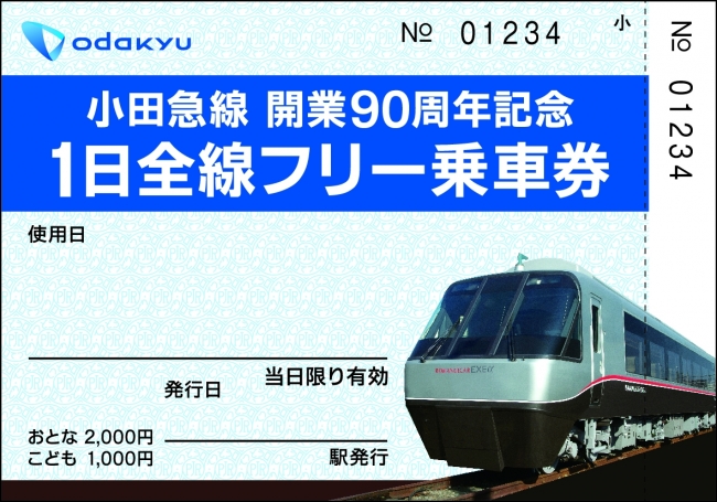 「小田急線開業９０周年記念１日全線フリー乗車券」（券面のイメージ）