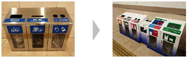 （左）従前のダストボックス（右）４種の分別ができる「リサイクルステーション」