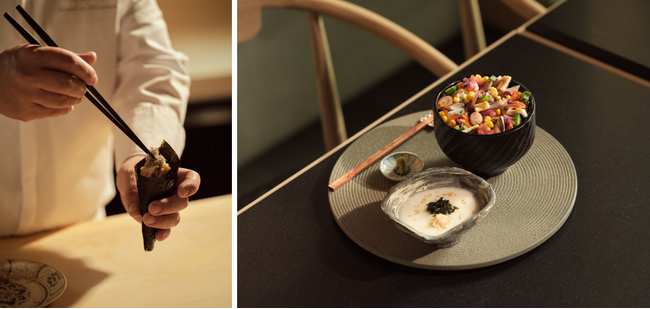 飯倉 画像左から「鮑とサマートリュフの手巻き寿司」、「彩り夏の海鮮ばらちらし」