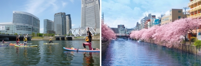 ※ SUP (Stand Up Paddleboard）と呼ばれている近年世界中で人気が高まっている水上アクティビティー。海、川、湖、運河等の様々な シチュエーションで遊べる。毎年３月頃に開催される大岡川の「桜まつり」は多くの観光客で賑わう観光名所。（Photo ©︎ 水辺荘）