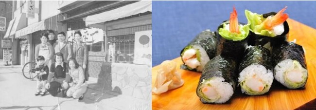 左:先代社長(後列中央)と平尾昌晃氏(前列中央)一平寿し店先にて(昭和四十年代撮影) 右:一平寿しの元祖レタス巻 左:先代社長(後列中央)と平尾昌晃氏(前列中央)一平寿し店先にて(昭和四十年代撮影) 右:一平寿しの元祖レタス巻