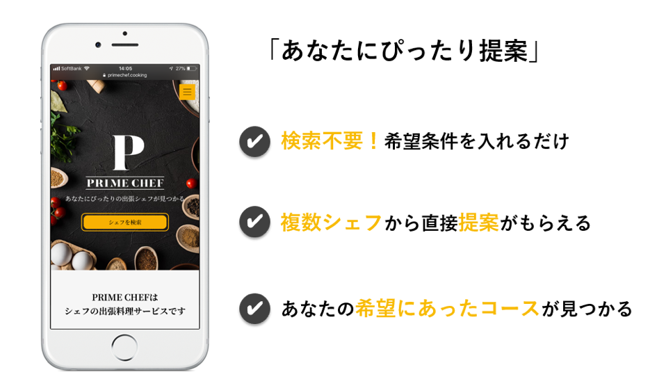 『出張シェフサービスPRIME CHEF』新機能追加！検索不要、待っているだけであなたにぴったりのシェフが見つかる