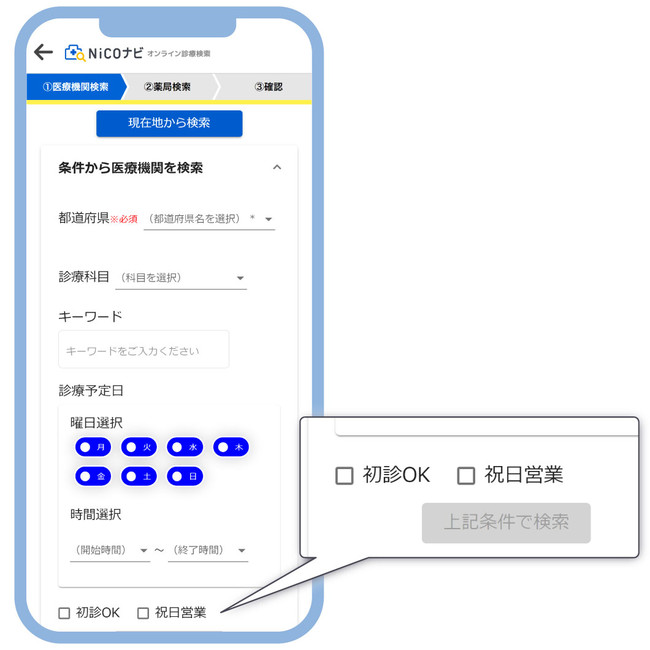 祝日に営業している医療機関も検索することができます 祝日に営業している医療機関も検索することができます