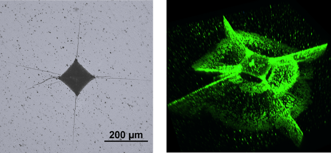図2　アルミナに導入されたビッカース圧痕と亀裂の金属顕微鏡による反射像（左） レーザーを用いた蛍光顕微鏡観察より得られた亀裂形態の3次元像（右） （右図中で緑に光っている部分が亀裂を表している。）