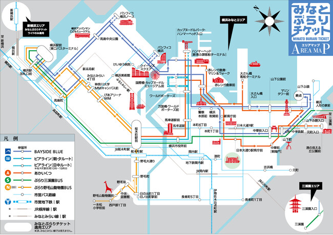 連節バス「BAYSIDE BLUE」・「あかいくつ」ルートマップ
