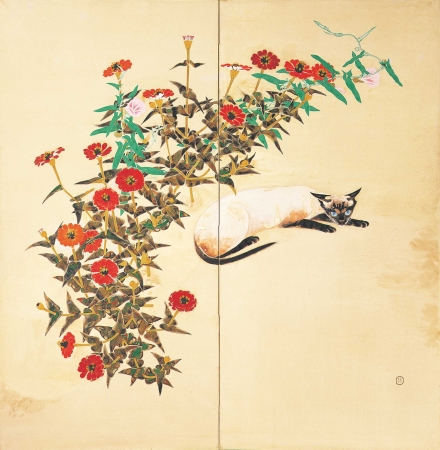 《花に寄る猫》1934（昭和9）年、紙本着色・額、個人蔵（大佛次郎旧蔵）