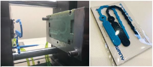 今回ストラタシス・ジャパンブースでデモンストレーションを行う、デジタルモールド ・ハイブリッドモールドの実例。3Dプリントした樹脂型とアルミ型を組み合わせ、小ロットのエラストマー部品の成形が可能。