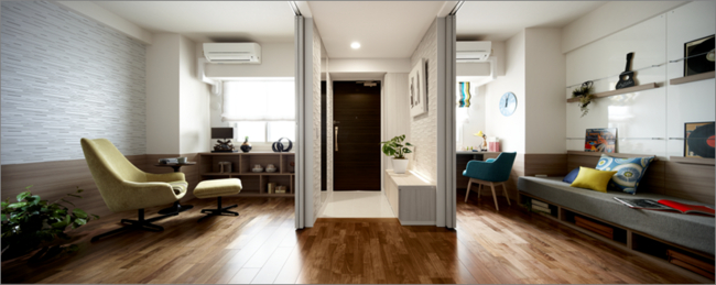 3LDKの部屋であれば、玄関側の2つの洋室の2枚引き戸を開放し、1.3mある広い廊下も合わせた開放的な空間として、メインリビングとは異なるもう一つのリビングとして活用が可能に。