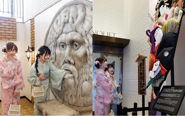 真実の口のレリーフは、イタリア政府観光局の協力を得て選ばれたものです。 サブエントランスには、歌舞伎の人気演目などで有名な「助六由縁江戸桜」の大羽子板があります。