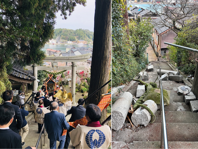 左：震災前の春祭りの様子（2019年）、右：震災後