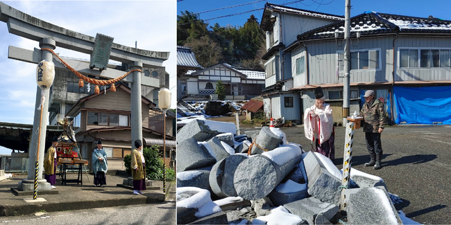 あばれ祭りで重要な役割を担ってきた御旅所鳥居（左：震災前、右：倒壊した鳥居のお祓いをする当社宮司）