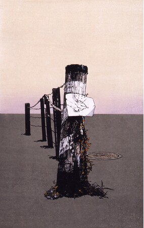 吉田穂高《杭-高井戸》1989年 亜鉛凸版、板目木版 68.0×43.5cm
