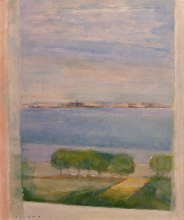 田中岑《窓外港　朝》1988年　油彩、キャンバス　72.7×60.8cm