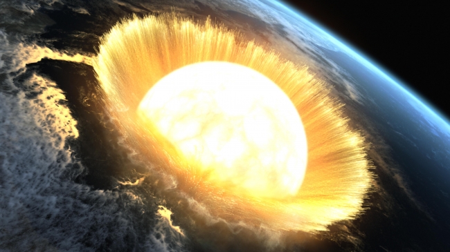 ～恐竜時代に終止符を打った、６５５０万年前の巨大隕石の衝突（ＣＧ）～