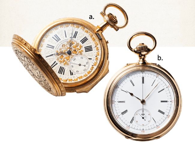 「ダイワ時計店」 a.ジラールペルゴ ハンターケース 懐中時計（1860～65年頃、スイス）1,210,000円 b.SAVOYE FRERE&CO.クロノグラフ 懐中時計（1880年代、フランス）880,000円