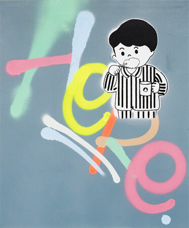 「hamigaki kun on the letter(Here)」 (キャンバス + スクリーンプリント + スプレーペイント、F8号) 88,000円 ※キャンバスでのお渡しとなります 「hamigaki kun on the letter(Here)」 (キャンバス + スクリーンプリント + スプレーペイント、F8号) 88,000円 ※キャンバスでのお渡しとなります