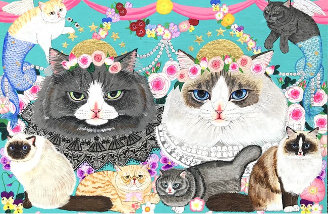 金田花季「わたしは猫、私たちは気高くて可愛い猫」横60.6×縦41cm、アクリル絵具、キャンパス、ラインストーン、金箔　170,500円