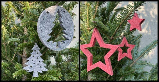 (左)FEELT ORNAMENT／tree gray　1,650円　 (右)FEELT ORNAMENT／star red　1,650円