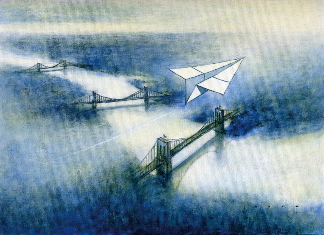 「イーストリバーに架かる橋」 （墨と油彩、キャンパスパネル、縦２２×横３０ｃｍ）