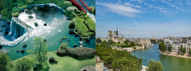 左：ホテルニューオータニ日本庭園、右：パリ本店からの景色