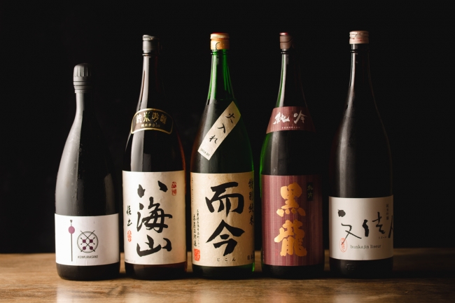 日本酒5種（小むらさき・八海山・而今、黒龍、本日のひやおろし）