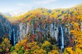 壮大な二条の滝と紅葉のコントラスト 米子大瀑布(日本の滝百選・国指定名勝「米子瀑布群」)、秋の絶景と紅葉を満喫!