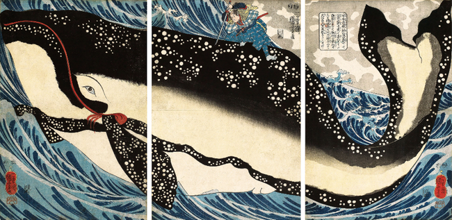 デジタルアート作品に使用される浮世絵：「宮本武蔵の鯨退治」歌川国芳