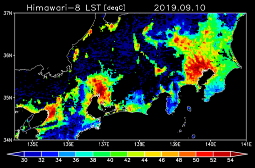 図1～3：台風15号接近前と通過後の正午付近（11時～14時）に推定された地表面温度から画素ごとに最大値を抽出したもの。図1は9月6日～7日 (台風接近前)、図2は9月10日(台風通過後)、図3は通過前と通過後との温度差。雲により推定できなかった地域と水