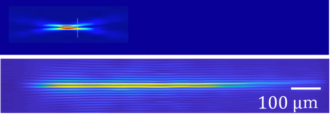 図２ 非回折ではない光渦の伝搬方向プロファイル(上)と非回折光渦の伝搬方向プロファイル(下)。非回折光渦の方が10倍以上長い焦点深度を持つ。