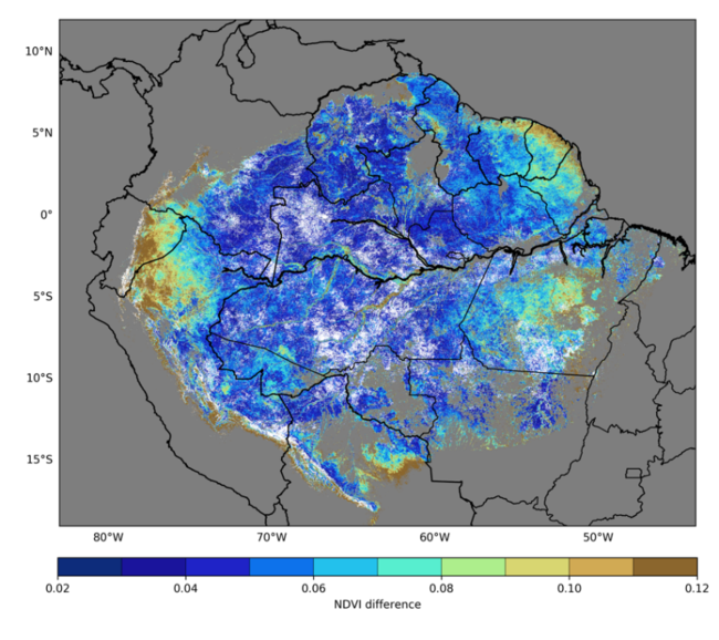 図2．次世代静止気象衛星GOES-16 による、2018年の雲に覆われていない観測データから得られた植生指標NDVI の最大値と最小値の差のマップ。白い地域は統計的に明瞭な差が得られなかった地域を示す。