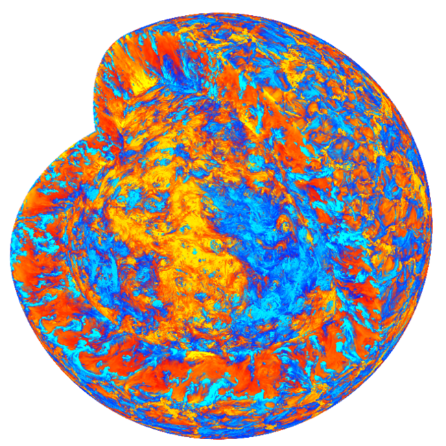 「富岳」で再現された太陽内部熱対流の様子。熱対流を表現するのに適したエントロピーという量を示しています。橙、青の部分はそれぞれ暖かい・冷たい領域に対応します。