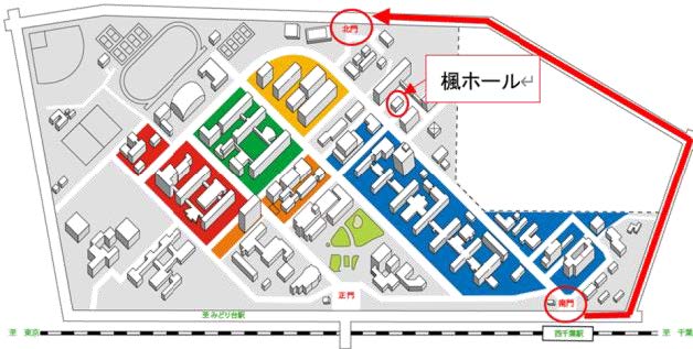 赤線の矢印はごみ拾いのルート。楓ホールはコスメペインツの会場 赤線の矢印はごみ拾いのルート。楓ホールはコスメペインツの会場