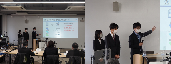 最優秀賞に輝いた貝塚裕太さんのチームによる、α線治療薬剤開発プラットフォーム事業についての発表