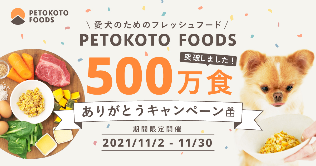 D2Cフレッシュペットフードのパイオニア PETOKOTO FOODSが500万食突破!「ありがとうキャンペーン」を開始!|PETOKOTO(ペトコト )のプレスリリース D2Cフレッシュペットフードのパイオニア PETOKOTO FOODSが500万食突破!「ありがとうキャンペーン」を開始!|PETOKOTO(ペトコト )のプレスリリース