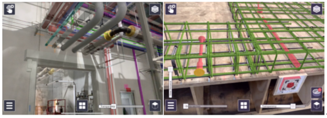 左：施工図面の重ね合わせ検証イメージ　右：３Dモデルを利用した出来形確認イメージ