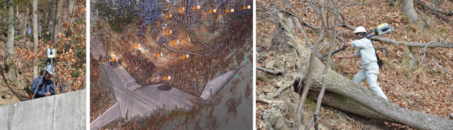 左右写真：堰堤の周囲をTrimble X7で計測する技術者　　中写真：タブレットPC上に表示されている計測直後の点群