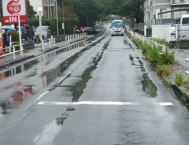 轍（わだち）に雨水が溜まっている例