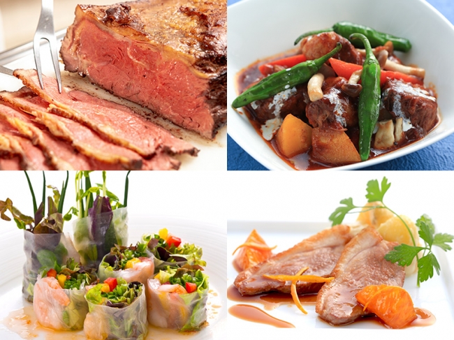 左上：ボナペティ人気料理「ローストビーフ」、右上：ボナペティ人気料理「牛肉の赤ワイン煮こみ」、左下：ベトナム風生春巻き、右下：合鴨のロースト　ビガラードソース