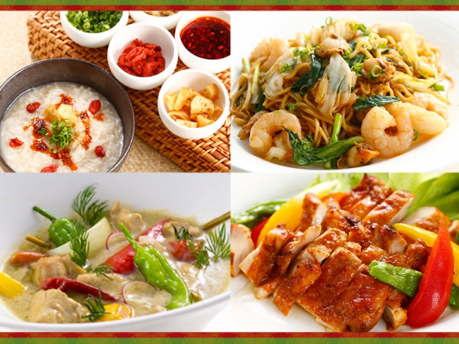 左上：中国式お粥、右上：上海風海鮮焼きそば、左下：グリーンカレー、右下：タンドリーチキン