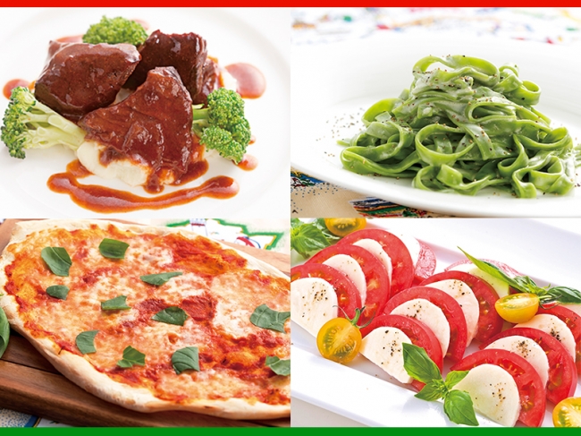 左上：ホエー豚ほほ肉の赤ワイン煮込み、右上：シェフが目の前で仕上げるパスタ（平日）、左下：ピザ、右下：カプレーゼ