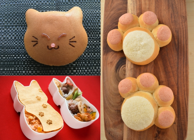 左上／猫どらやき、左下／福ねこ弁当、右／にゃんだらけパン