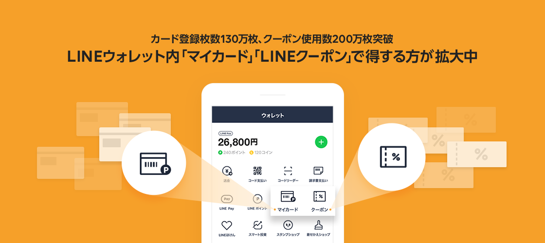 LINE、「LINEウォレット」内　「マイカード」カード登録枚数130万枚、「LINEクーポン」クーポン使用数200万枚を突破