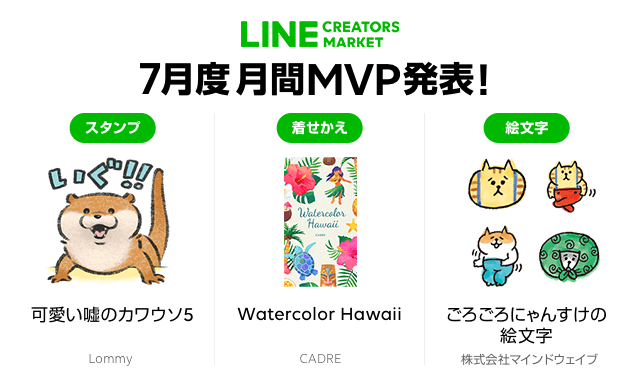 Line Creators Market 2019年7月度のlineスタンプ Line着せかえ Line絵文字における月間mvpが決定 Line 株式会社のプレスリリース
